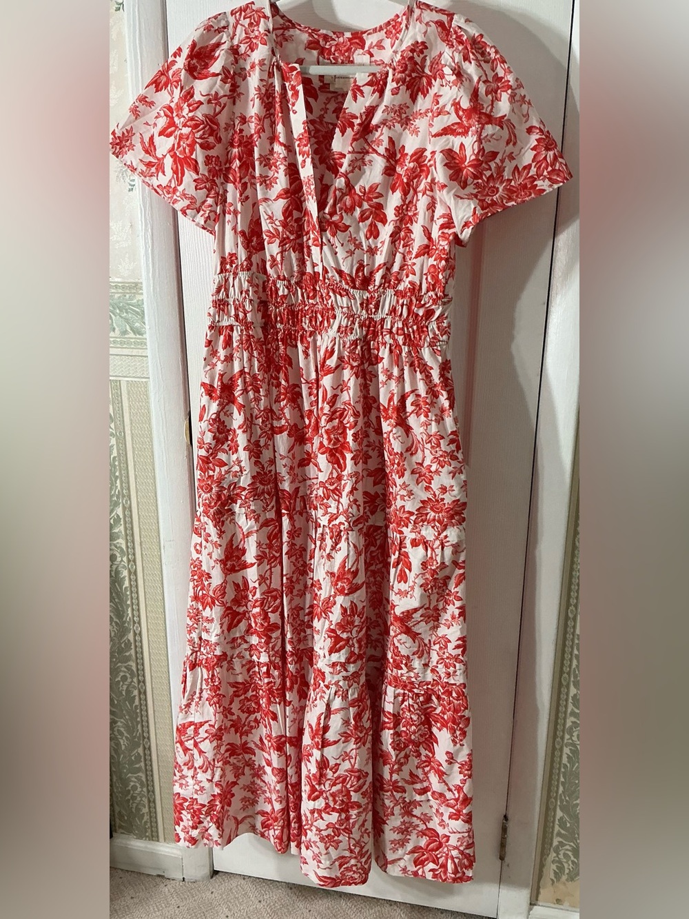 Anthropologie The Somerset Maxi Dress Red Coral Floral Toile Large EUC - Picture 4 of 13